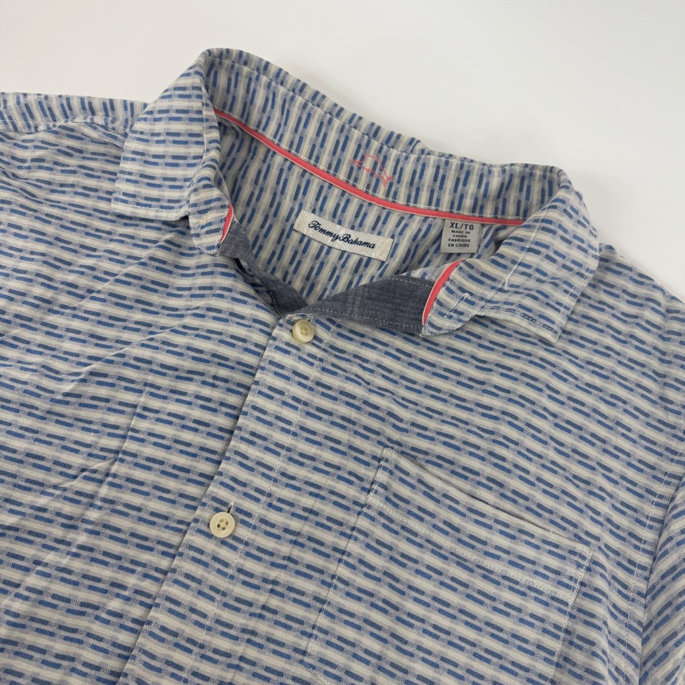 Tommy Bahama Mens XL Silk Short Sleeve Button Down‎ Shirt Blue White Striped